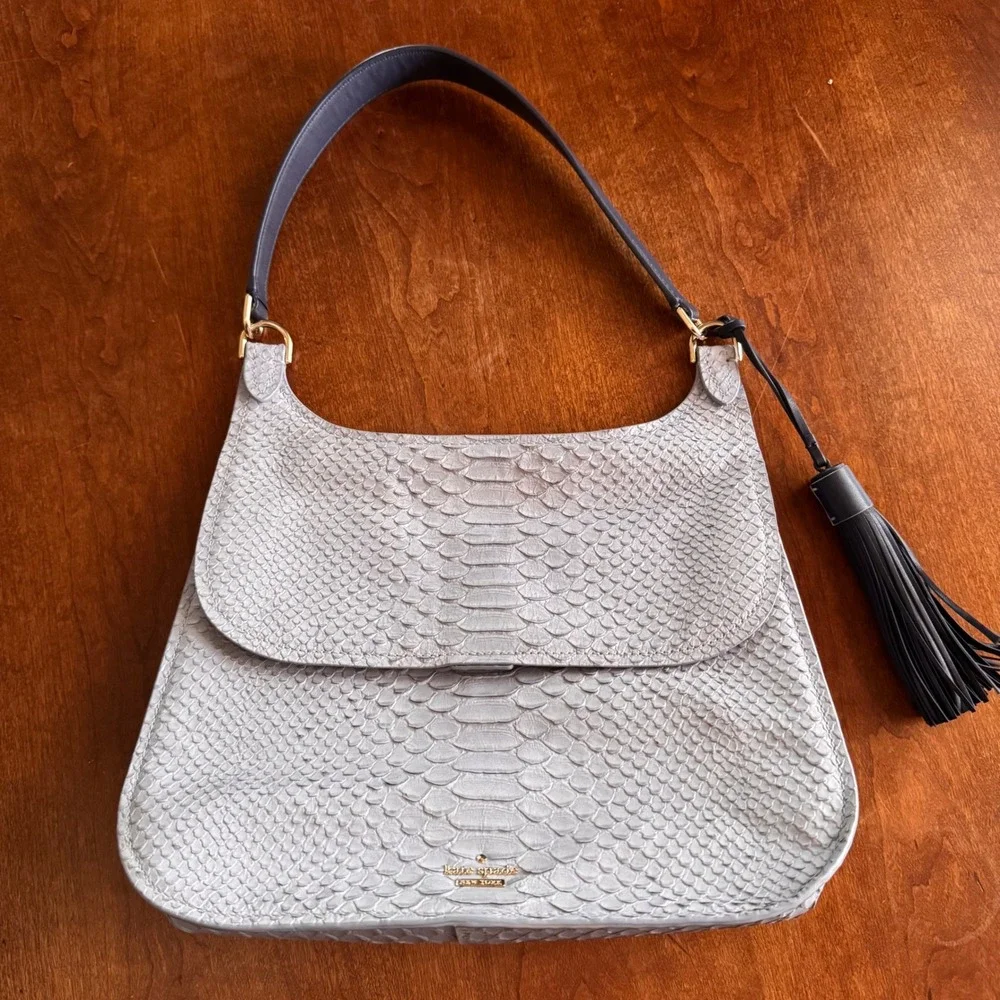 Kate Spade New York Gray Snakeskin Embossed Leather Flap‎ Hobo Shoulder Bag